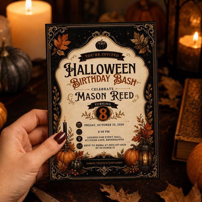 Halloween Birthday Invitation, Elegant Pumpkin Birthday Bash, Vintage Spooky Party Invite, Editable Canva Template