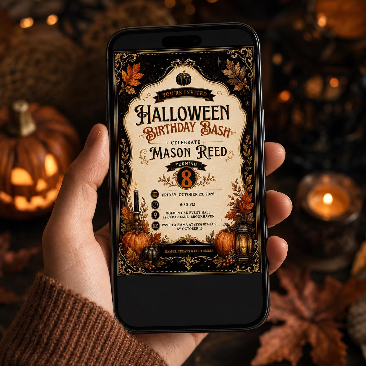Halloween Birthday Invitation, Elegant Pumpkin Birthday Bash, Vintage Spooky Party Invite, Editable Canva Template