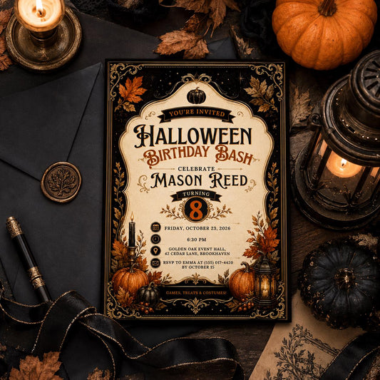 Halloween Birthday Invitation, Elegant Pumpkin Birthday Bash, Vintage Spooky Party Invite, Editable Canva Template