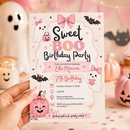 Pink Halloween Birthday Invitation, Cute Ghost Birthday Party Invite, Girly Pumpkin Halloween Invite, Editable Canva Template
