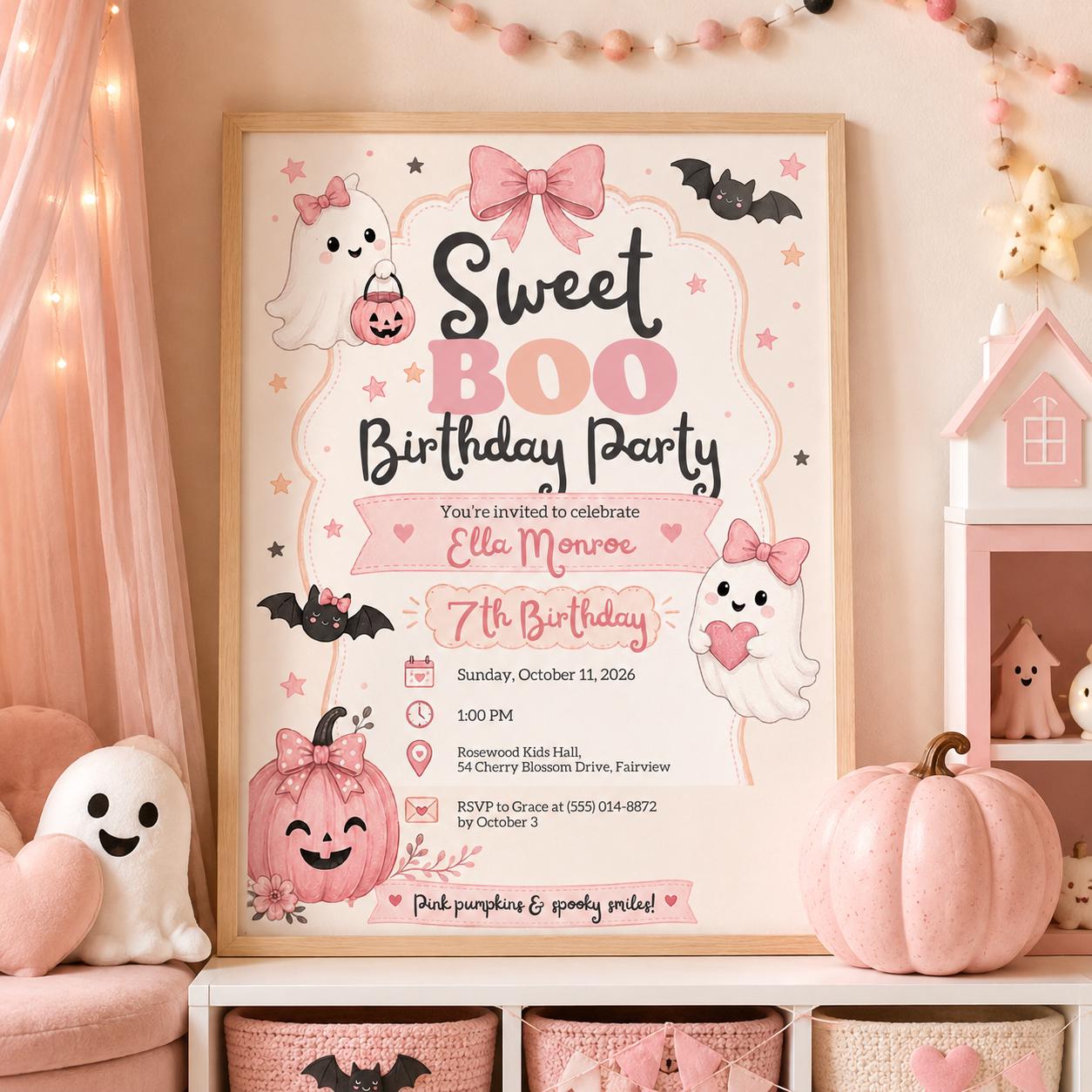 Pink Halloween Birthday Invitation, Cute Ghost Birthday Party Invite, Girly Pumpkin Halloween Invite, Editable Canva Template