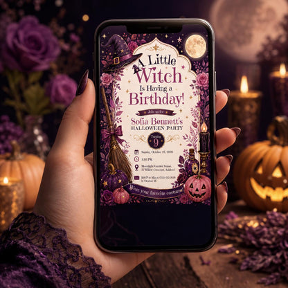 Witch Birthday Invitation, Purple Halloween Party Invite, Magical Witch Kids Birthday, Editable Canva Template, Printable Invite