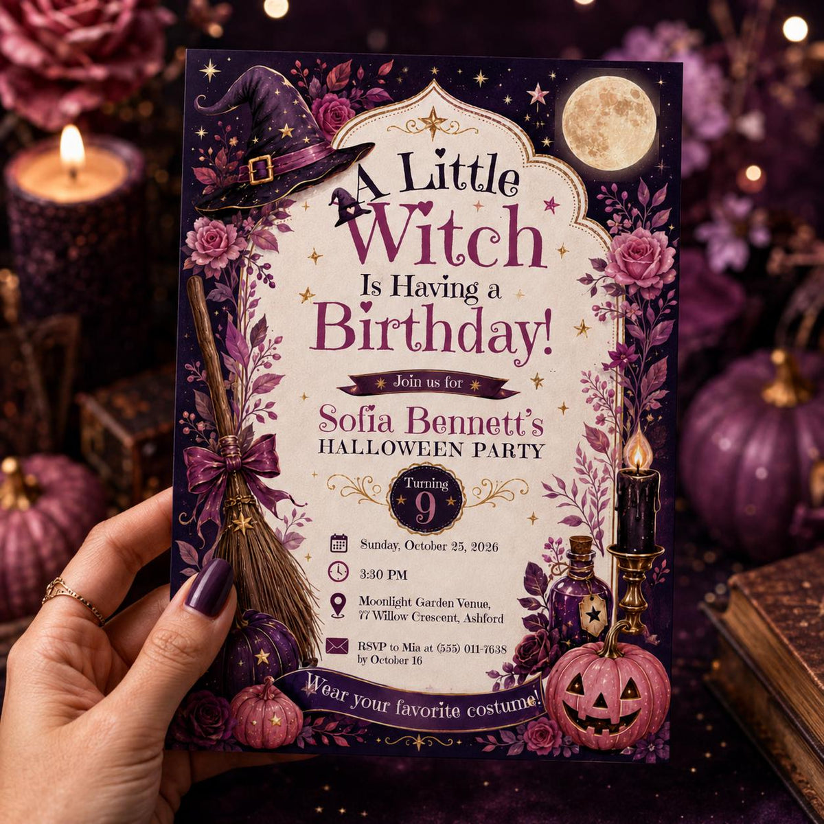 Witch Birthday Invitation, Purple Halloween Party Invite, Magical Witch Kids Birthday, Editable Canva Template, Printable Invite