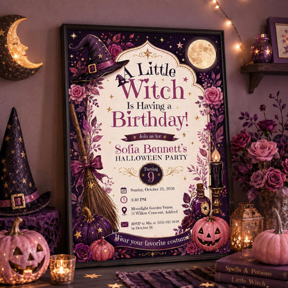 Witch Birthday Invitation, Purple Halloween Party Invite, Magical Witch Kids Birthday, Editable Canva Template, Printable Invite