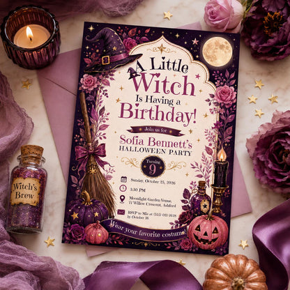 Witch Birthday Invitation, Purple Halloween Party Invite, Magical Witch Kids Birthday, Editable Canva Template, Printable Invite