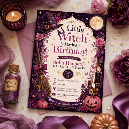 Witch Birthday Invitation, Purple Halloween Party Invite, Magical Witch Kids Birthday, Editable Canva Template, Printable Invite
