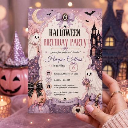 Pink Halloween Birthday Invitation, Cute Ghost Birthday Party Invite, Pastel Spooky Pumpkin Invite, Editable Canva Template