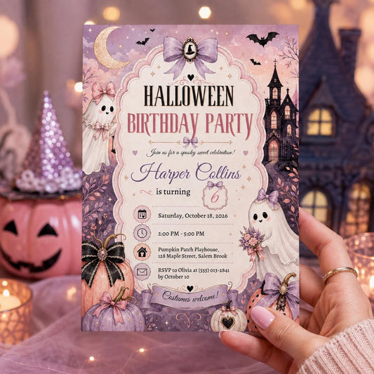 Pink Halloween Birthday Invitation, Cute Ghost Birthday Party Invite, Pastel Spooky Pumpkin Invite, Editable Canva Template