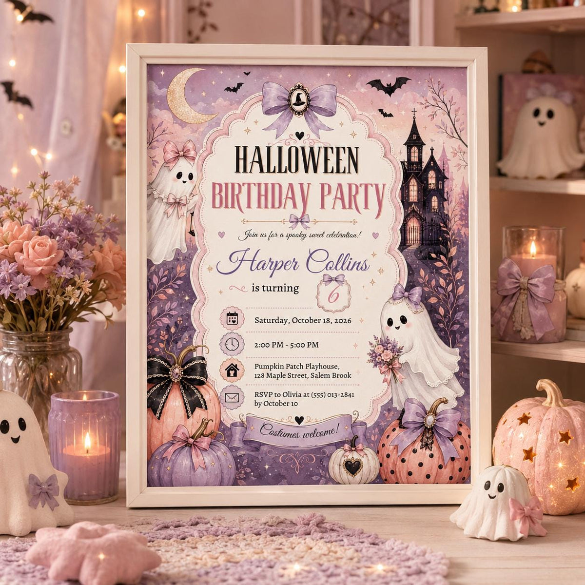 Pink Halloween Birthday Invitation, Cute Ghost Birthday Party Invite, Pastel Spooky Pumpkin Invite, Editable Canva Template