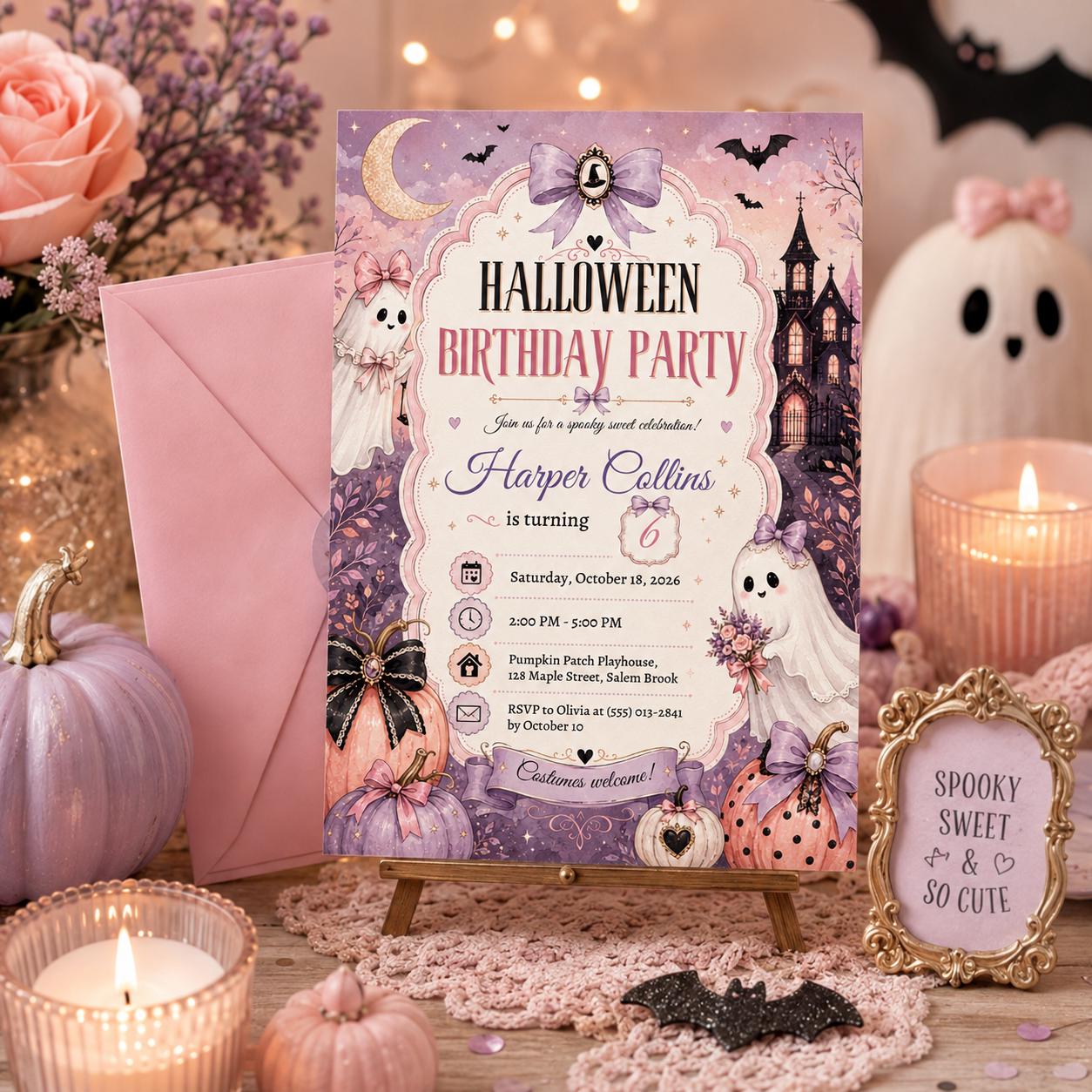 Pink Halloween Birthday Invitation, Cute Ghost Birthday Party Invite, Pastel Spooky Pumpkin Invite, Editable Canva Template