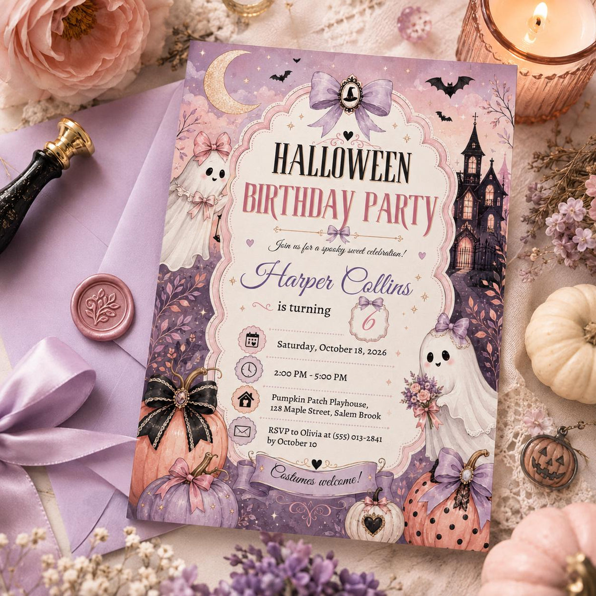 Pink Halloween Birthday Invitation, Cute Ghost Birthday Party Invite, Pastel Spooky Pumpkin Invite, Editable Canva Template