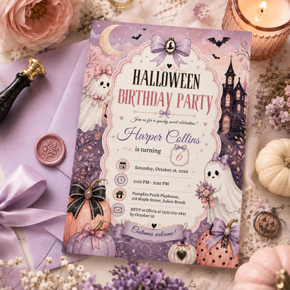 Pink Halloween Birthday Invitation, Cute Ghost Birthday Party Invite, Pastel Spooky Pumpkin Invite, Editable Canva Template