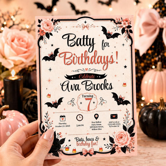 Bat Birthday Invitation, Pink Halloween Party Invite, Cute Bat Girls Birthday, Editable Canva Template, Printable Invite