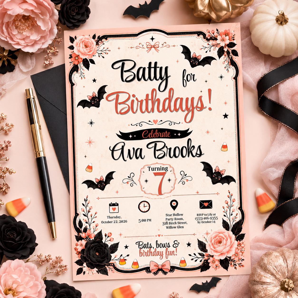 Bat Birthday Invitation, Pink Halloween Party Invite, Cute Bat Girls Birthday, Editable Canva Template, Printable Invite