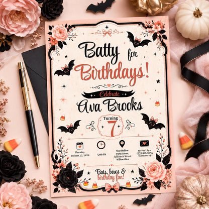 Bat Birthday Invitation, Pink Halloween Party Invite, Cute Bat Girls Birthday, Editable Canva Template, Printable Invite