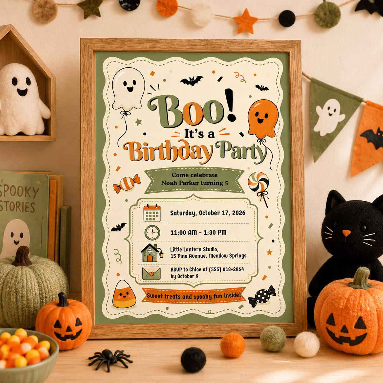 Cute Ghost Halloween Birthday Invitation, Orange Green Kids Party Invite, Spooky Birthday Party, Editable Canva Template