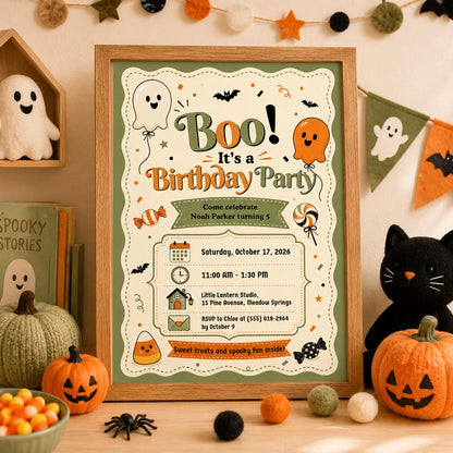Cute Ghost Halloween Birthday Invitation, Orange Green Kids Party Invite, Spooky Birthday Party, Editable Canva Template