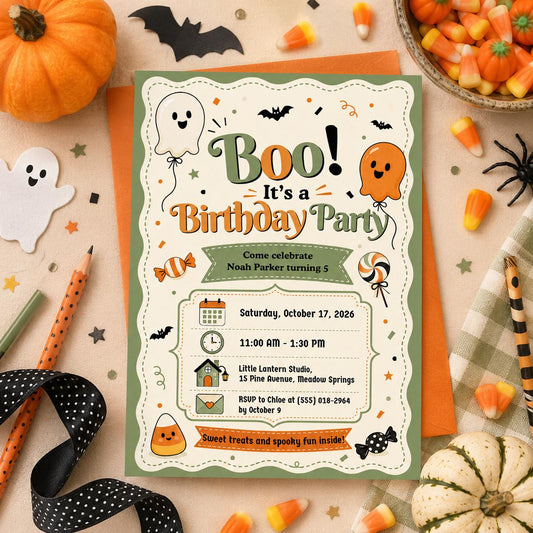Cute Ghost Halloween Birthday Invitation, Orange Green Kids Party Invite, Spooky Birthday Party, Editable Canva Template