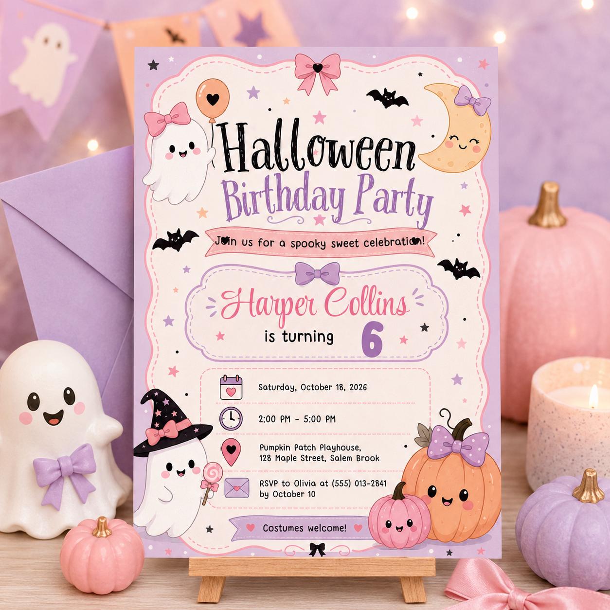 Pink Halloween Birthday Invitation, Cute Ghost Birthday Party Invite, Pastel Pumpkin Kids Halloween, Editable Canva Template