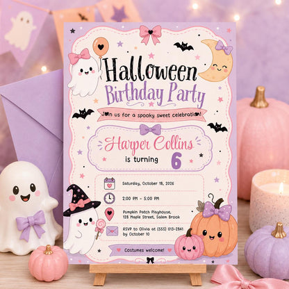 Pink Halloween Birthday Invitation, Cute Ghost Birthday Party Invite, Pastel Pumpkin Kids Halloween, Editable Canva Template