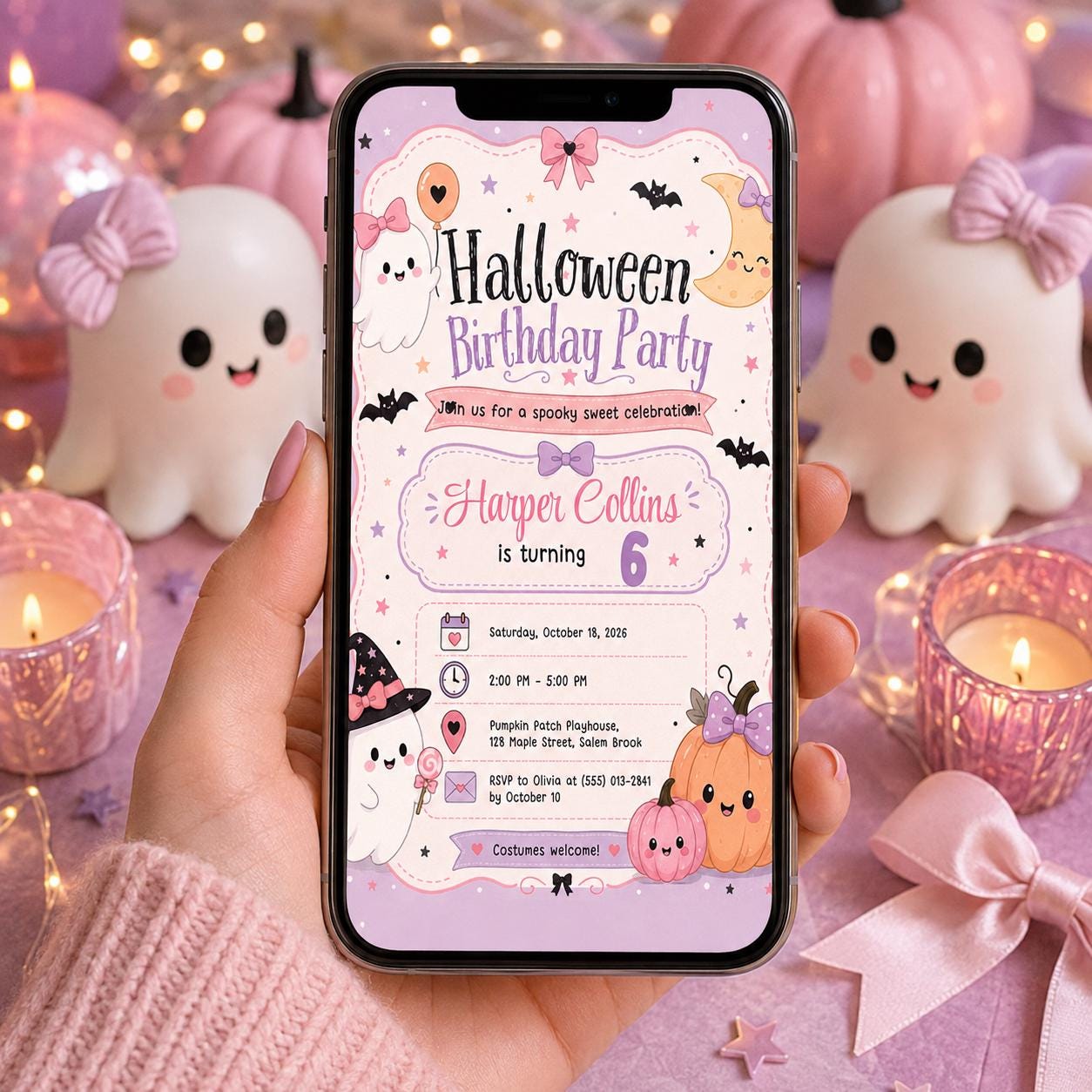 Pink Halloween Birthday Invitation, Cute Ghost Birthday Party Invite, Pastel Pumpkin Kids Halloween, Editable Canva Template