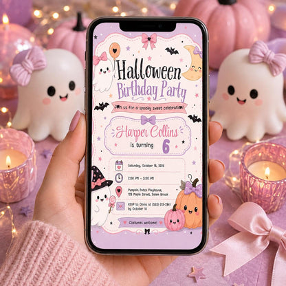 Pink Halloween Birthday Invitation, Cute Ghost Birthday Party Invite, Pastel Pumpkin Kids Halloween, Editable Canva Template