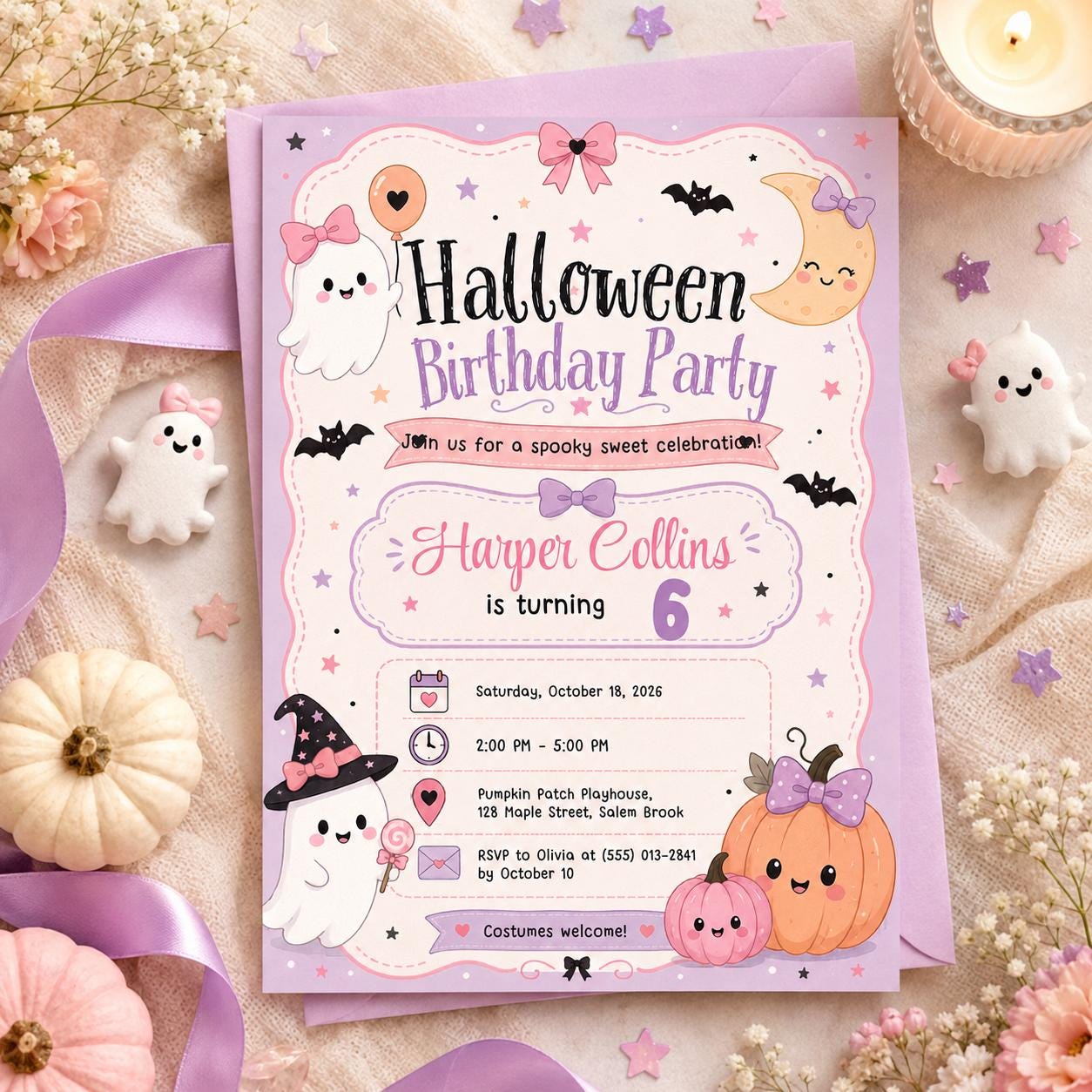 Pink Halloween Birthday Invitation, Cute Ghost Birthday Party Invite, Pastel Pumpkin Kids Halloween, Editable Canva Template