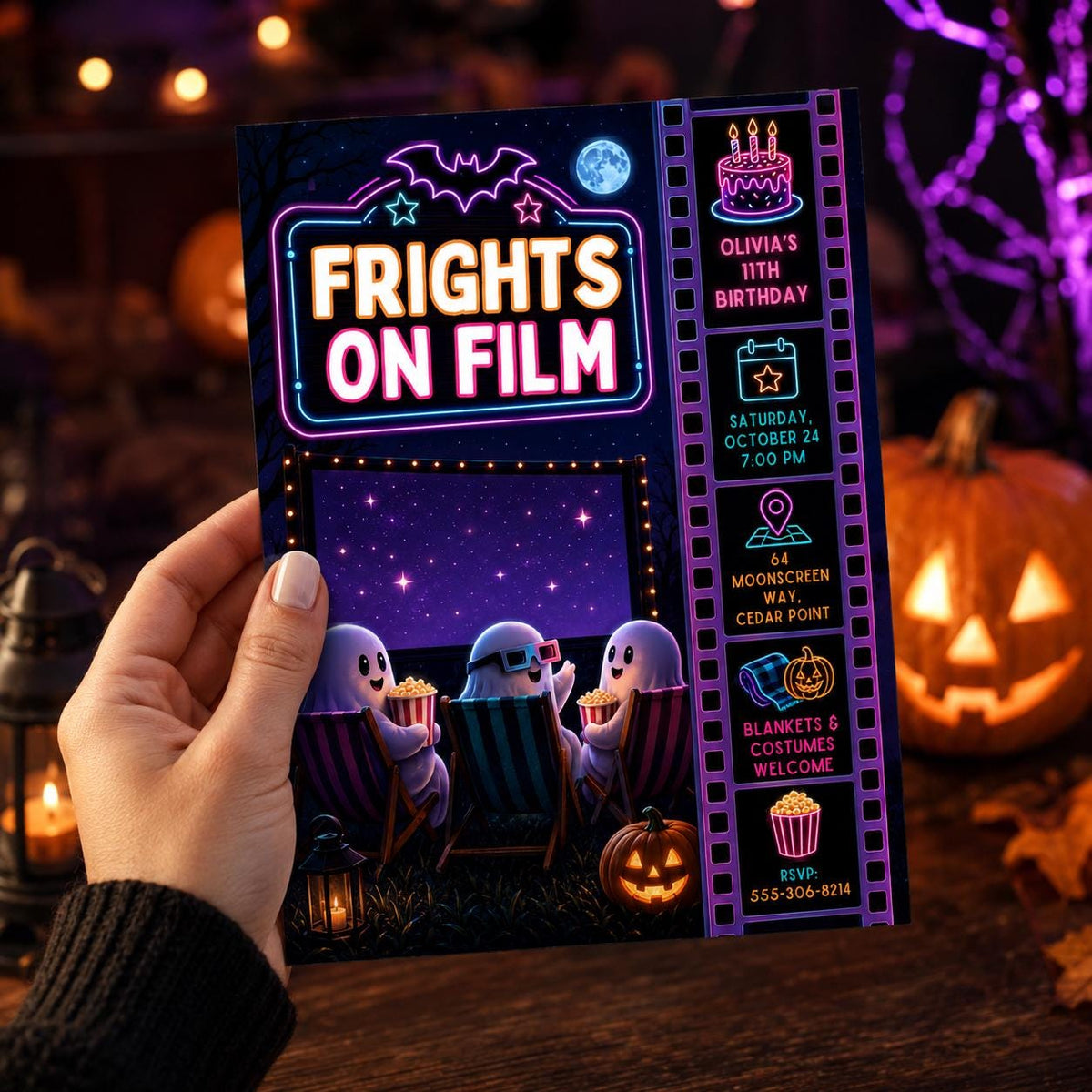 Halloween Movie Night Birthday Invitation, Spooky Cinema Party Invite, Neon Ghost Birthday, Outdoor Movie Party, Editable Canva Template