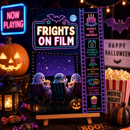 Halloween Movie Night Birthday Invitation, Spooky Cinema Party Invite, Neon Ghost Birthday, Outdoor Movie Party, Editable Canva Template