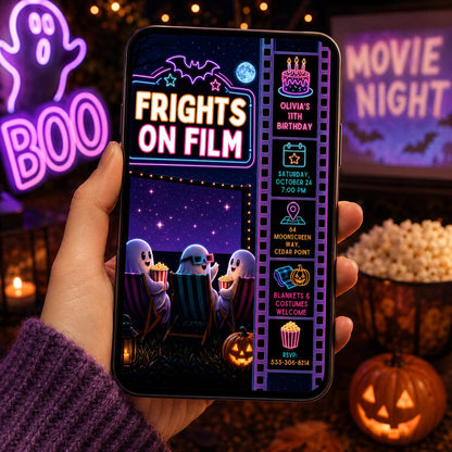 Halloween Movie Night Birthday Invitation, Spooky Cinema Party Invite, Neon Ghost Birthday, Outdoor Movie Party, Editable Canva Template