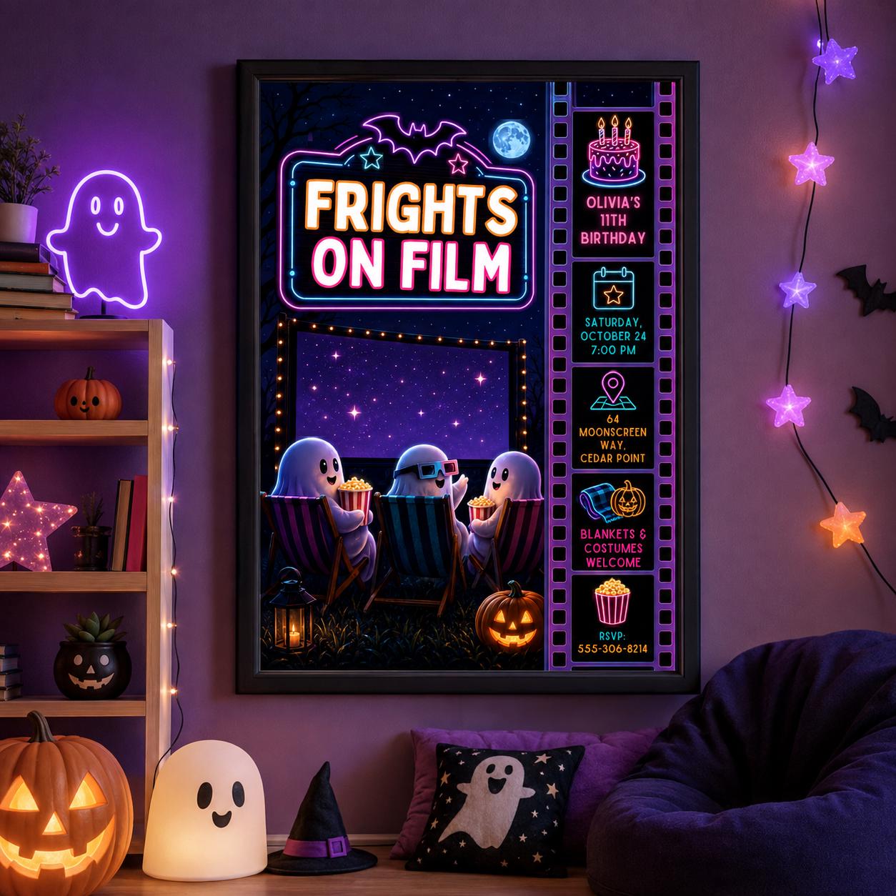 Halloween Movie Night Birthday Invitation, Spooky Cinema Party Invite, Neon Ghost Birthday, Outdoor Movie Party, Editable Canva Template