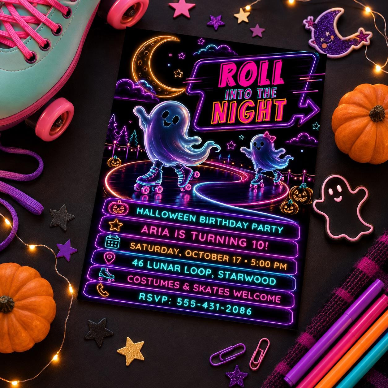Roller Skating Halloween Birthday Invitation, Neon Ghost Skate Party Invite, Spooky Kids Roller Party, Editable Canva Template