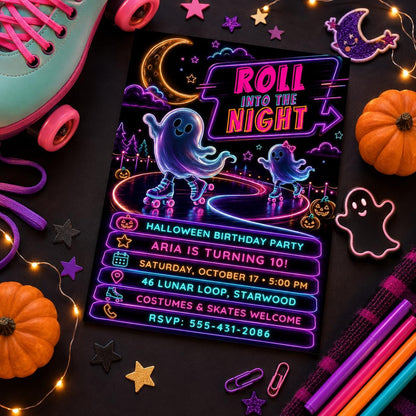 Roller Skating Halloween Birthday Invitation, Neon Ghost Skate Party Invite, Spooky Kids Roller Party, Editable Canva Template