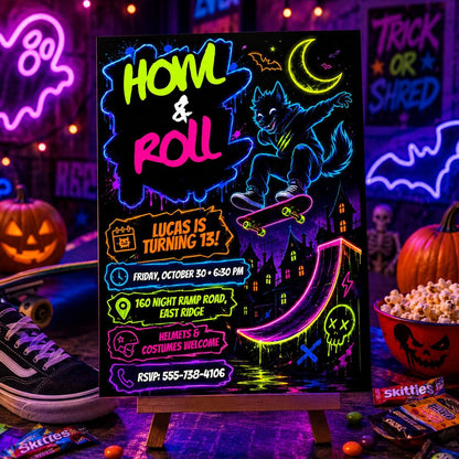 Neon Skateboard Halloween Birthday Invitation, Werewolf Skate Party Invite, Spooky Teen Birthday, Editable Canva Template