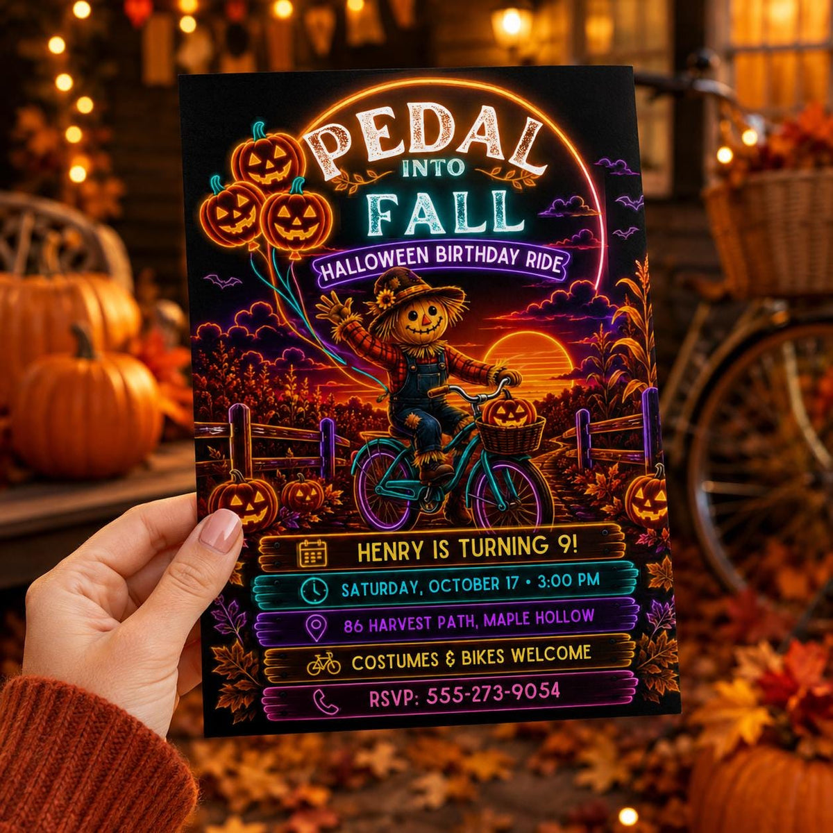 Halloween Bike Ride Birthday Invitation, Fall Pumpkin Cycling Party Invite, Scarecrow Kids Birthday, Editable Canva Template