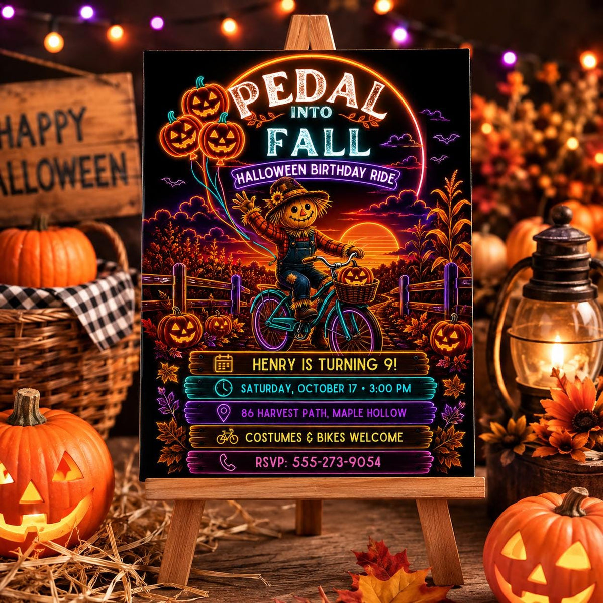 Halloween Bike Ride Birthday Invitation, Fall Pumpkin Cycling Party Invite, Scarecrow Kids Birthday, Editable Canva Template