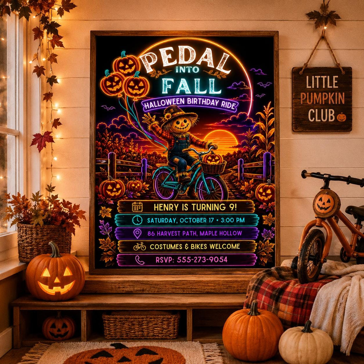 Halloween Bike Ride Birthday Invitation, Fall Pumpkin Cycling Party Invite, Scarecrow Kids Birthday, Editable Canva Template