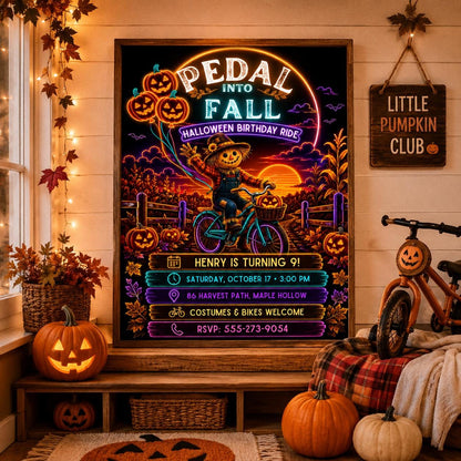 Halloween Bike Ride Birthday Invitation, Fall Pumpkin Cycling Party Invite, Scarecrow Kids Birthday, Editable Canva Template