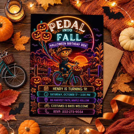 Halloween Bike Ride Birthday Invitation, Fall Pumpkin Cycling Party Invite, Scarecrow Kids Birthday, Editable Canva Template