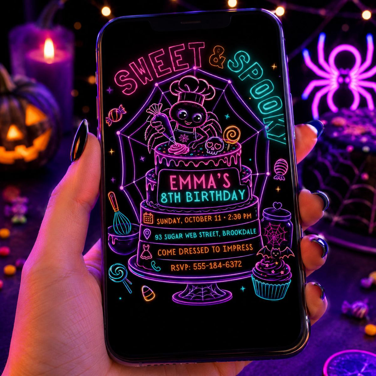 Neon Spider Halloween Birthday Invitation, Spooky Baking Party Invite, Cute Spider Cake Party, Editable Canva Template