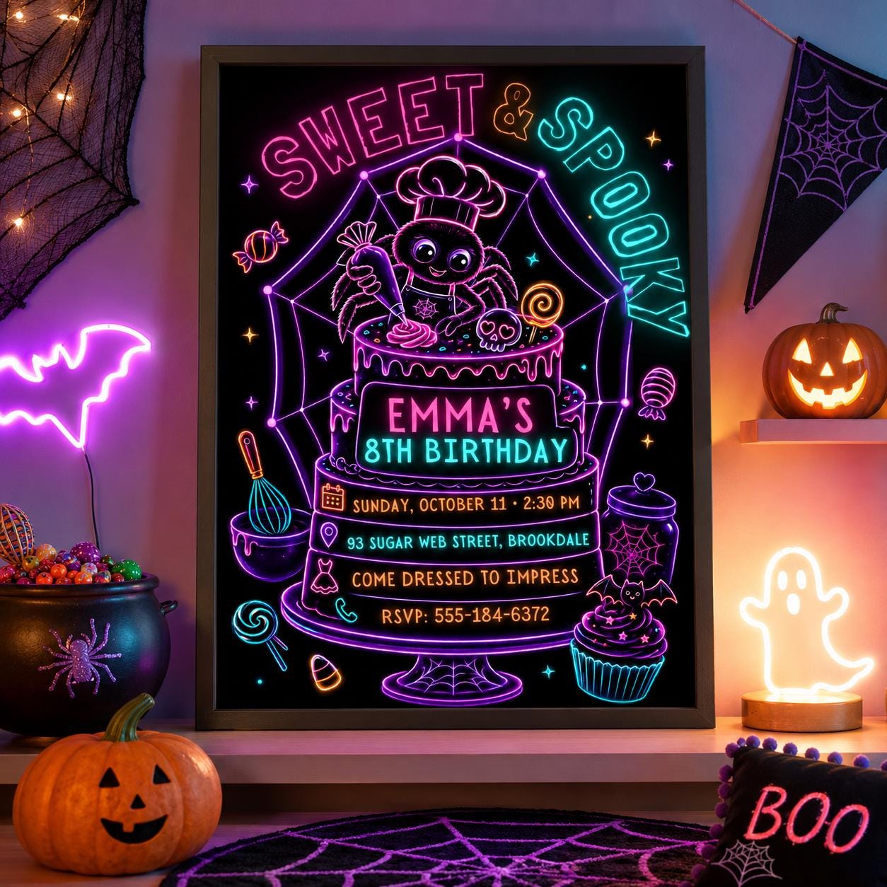 Neon Spider Halloween Birthday Invitation, Spooky Baking Party Invite, Cute Spider Cake Party, Editable Canva Template