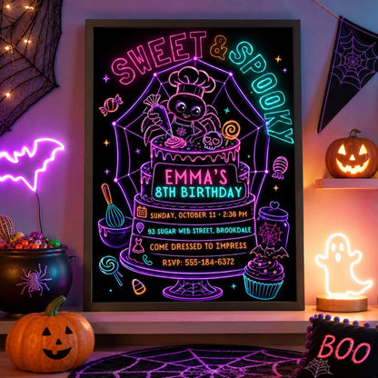 Neon Spider Halloween Birthday Invitation, Spooky Baking Party Invite, Cute Spider Cake Party, Editable Canva Template