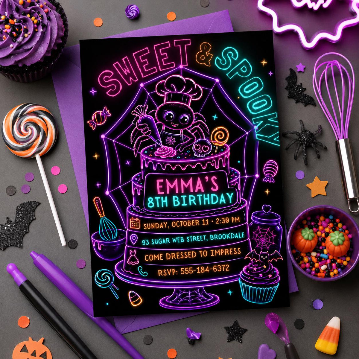 Neon Spider Halloween Birthday Invitation, Spooky Baking Party Invite, Cute Spider Cake Party, Editable Canva Template