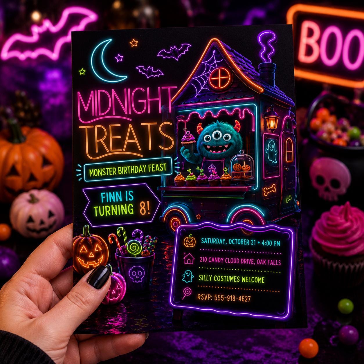 Neon Monster Halloween Birthday Invitation, Spooky Treats Kids Party Invite, Colorful Monster Birthday, Editable Canva Template