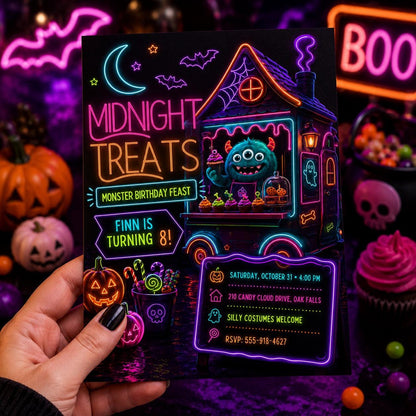 Neon Monster Halloween Birthday Invitation, Spooky Treats Kids Party Invite, Colorful Monster Birthday, Editable Canva Template