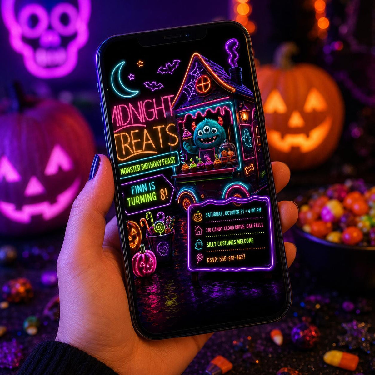 Neon Monster Halloween Birthday Invitation, Spooky Treats Kids Party Invite, Colorful Monster Birthday, Editable Canva Template