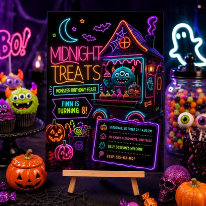 Neon Monster Halloween Birthday Invitation, Spooky Treats Kids Party Invite, Colorful Monster Birthday, Editable Canva Template