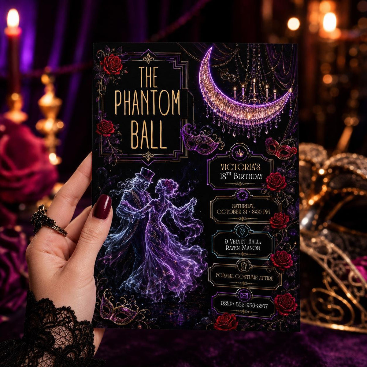 Gothic Halloween Birthday Invitation, Haunted Masquerade Party Invite, Elegant Ghost Dance Birthday, Editable Canva Template