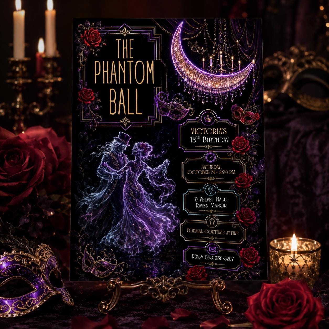 Gothic Halloween Birthday Invitation, Haunted Masquerade Party Invite, Elegant Ghost Dance Birthday, Editable Canva Template