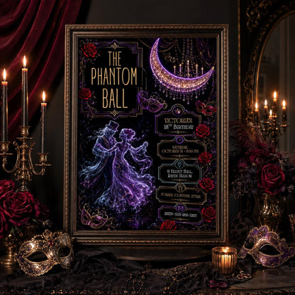 Gothic Halloween Birthday Invitation, Haunted Masquerade Party Invite, Elegant Ghost Dance Birthday, Editable Canva Template